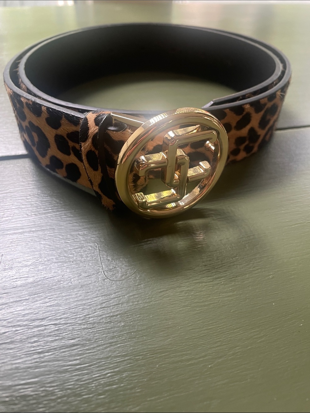 Chico's Leopard-Pattern Belt with Gold Logo Buckle Genuine Haircalf Leather
